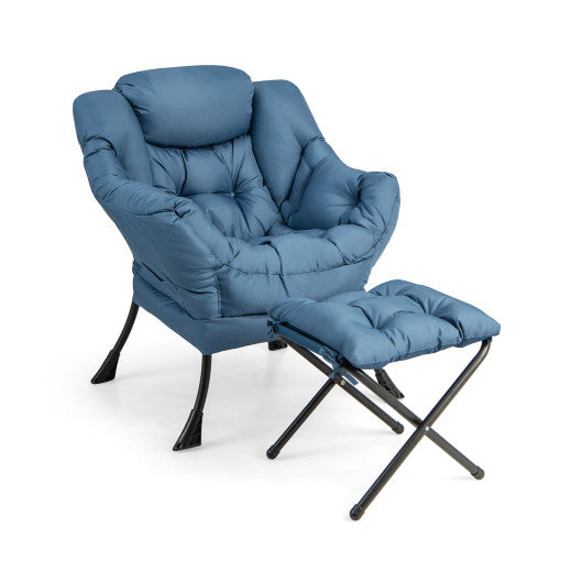Modern Accent Sofa Chair with Folding Footrest and Side Pocket-Navy