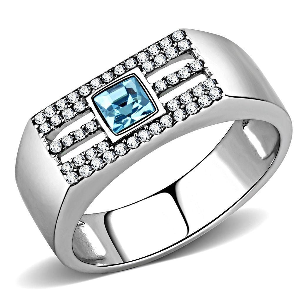 DA283 - High polished (no plating) Stainless Steel Ring with Top Grade Crystal in Sea Blue