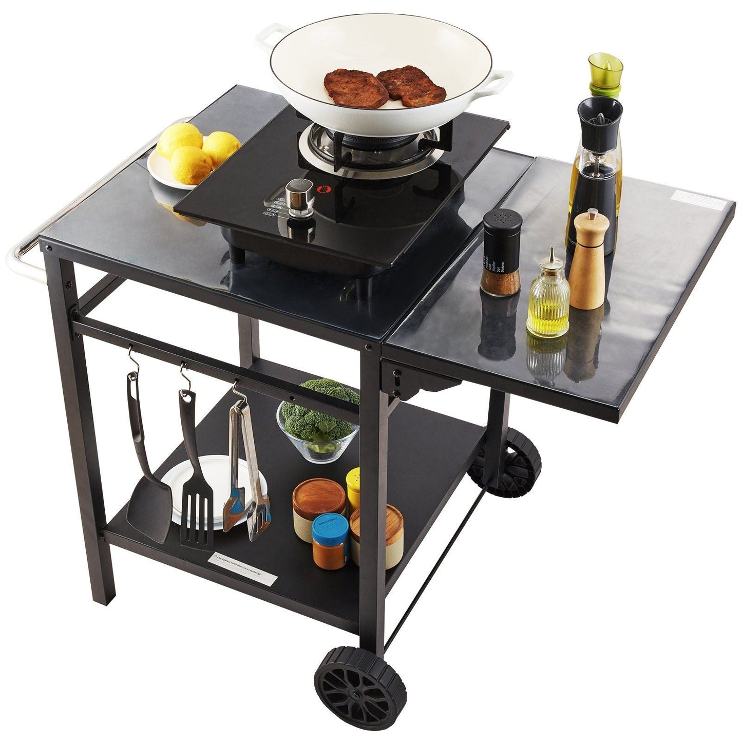 Outdoor Grill Dining Cart with Double-Shelf, BBQ Movable Food Prep Table, Multifunctional Foldable Iron Table Top, Portable Modular Carts for Pizza Oven, Worktable with 2 Wheels, Carry Handle