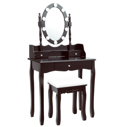Oval Mirror Vanity Set with 10 LED Dimmable Bulbs and 3 Drawers-Brown