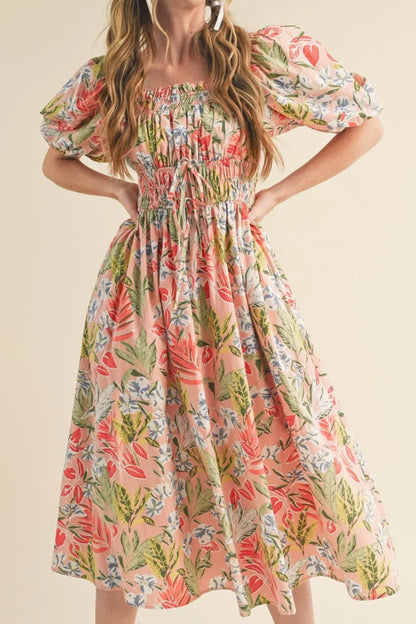 Floral Smocked Square Neck Puff Short Sleeve Midi Dress