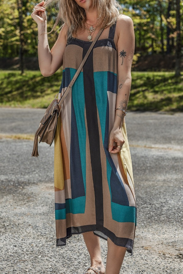 Color Block Square Neck Wide Strap Dress