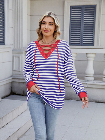 Lace-Up Striped Long Sleeve T-Shirt