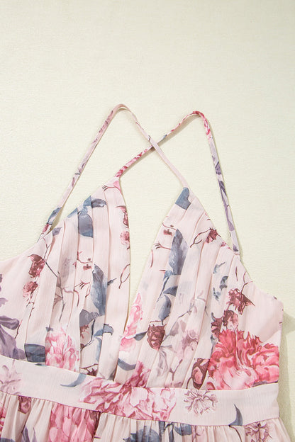Floral Pleated Deep V Backless Maxi Dress