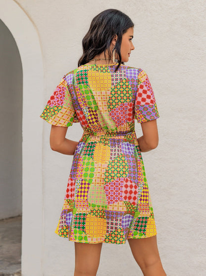Crochet Trim Printed V-Neck Short Sleeve Mini Dress
