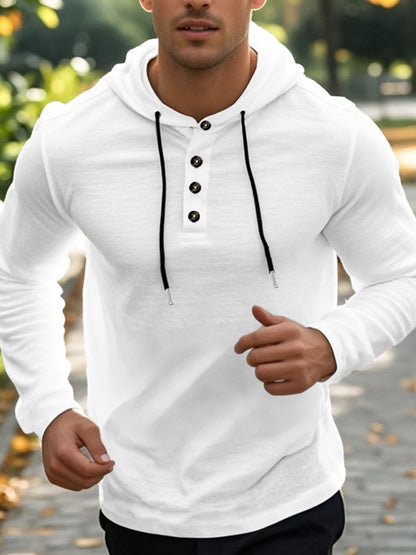 Men's Full Size Drawstring Button Detail Long Sleeve Hoodie Plus Size