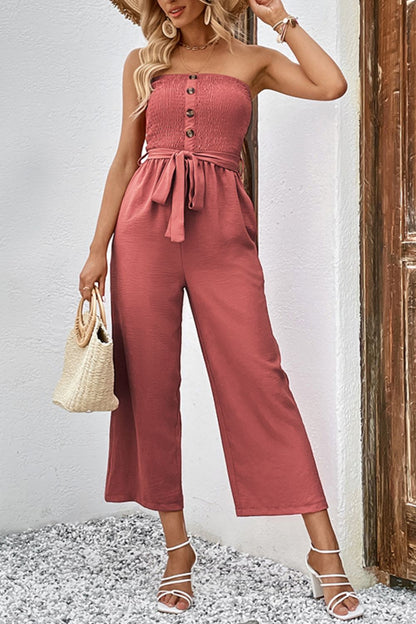 Perfee Decorative Button Strapless Smocked Jumpsuit with Pockets