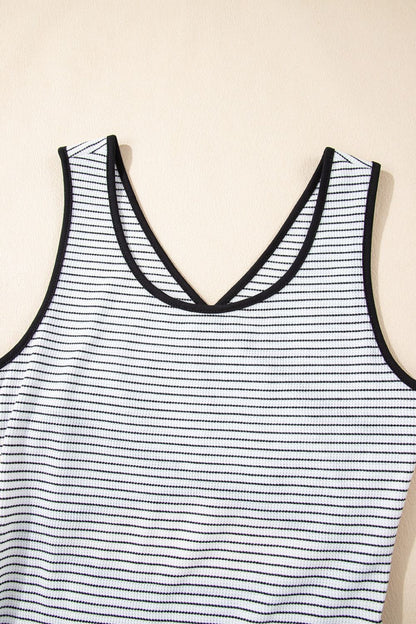 Stripe Crisscross Side Slits Slim Fit Sleeveless Midi Dress