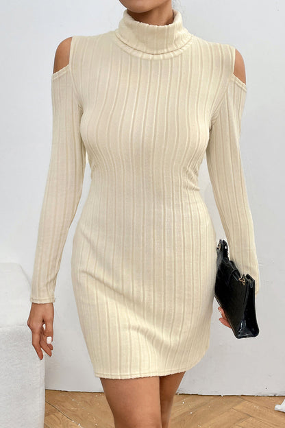 Ribbed Turtleneck Cold Shoulder Long Sleeve Mini Dress