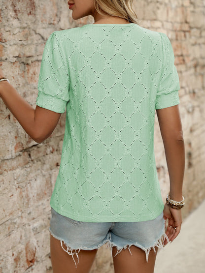 Eyelet Round Neck Short Sleeve Top