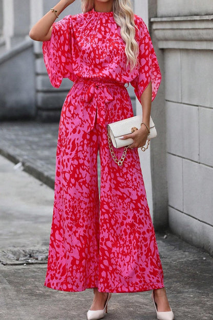 Leopard Belted Wide Leg Jumpsuit