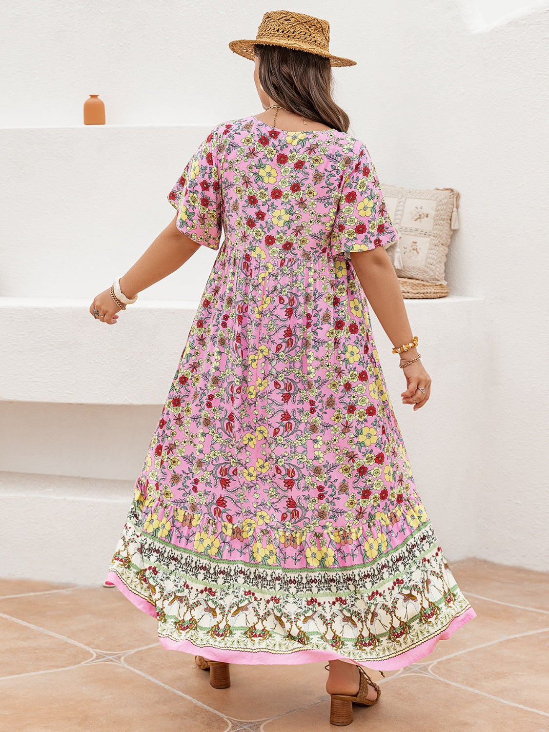 Plus Size Floral Tie Neck Flutter Sleeve Maxi Dress