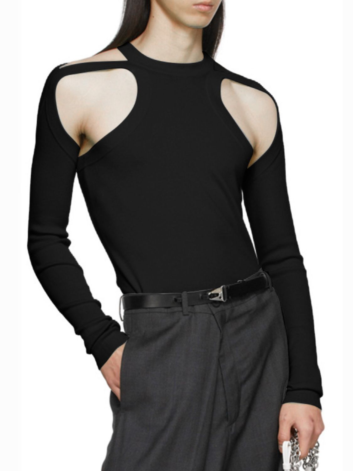 Men's Full Size Cutout Round Neck Long Sleeve Top Plus Size