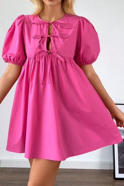 Puff Sleeve Tie Front High Waist Mini Dress