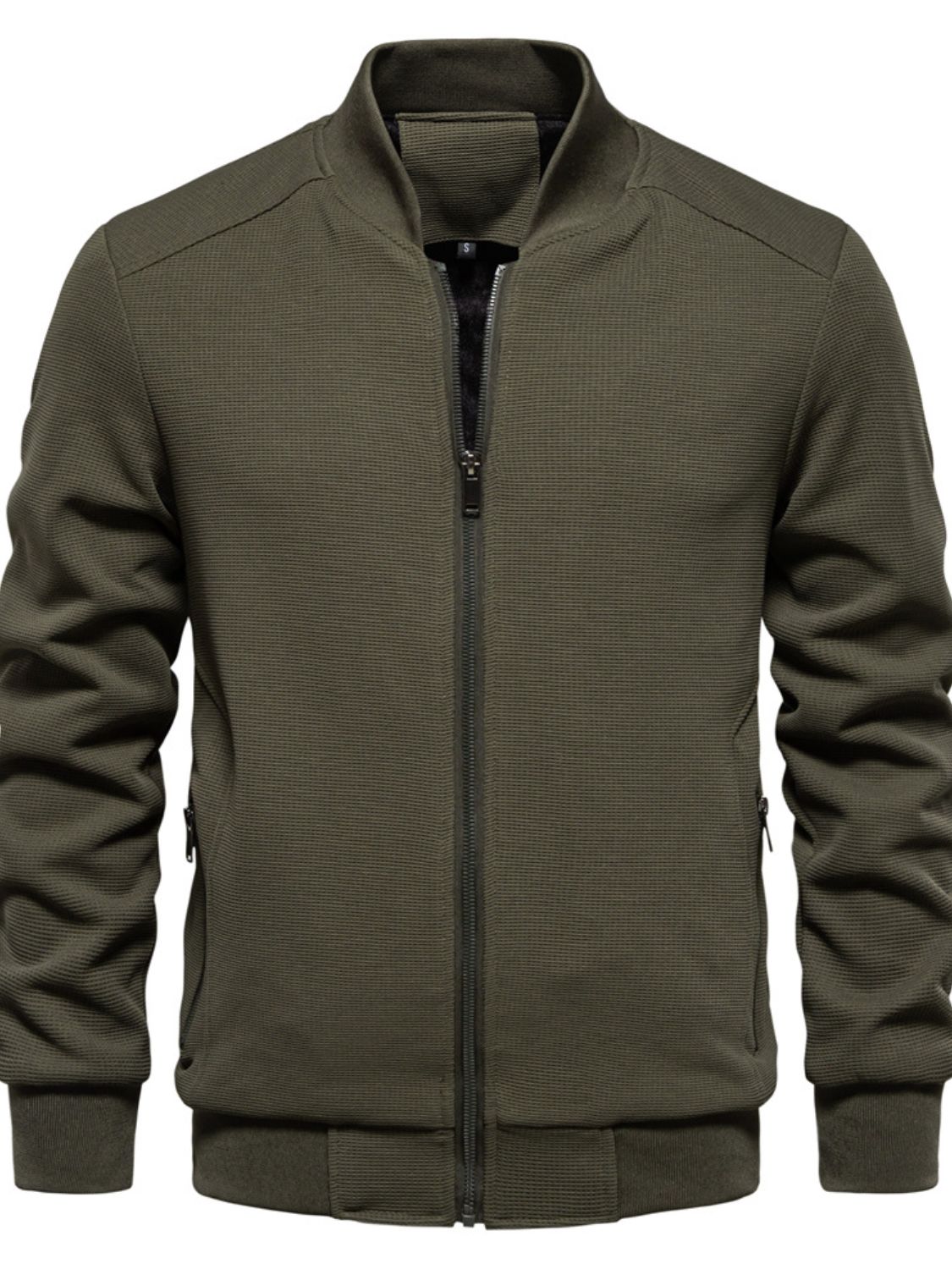 Men's Waffle Knit Baseball Collar Zip Up Jacket