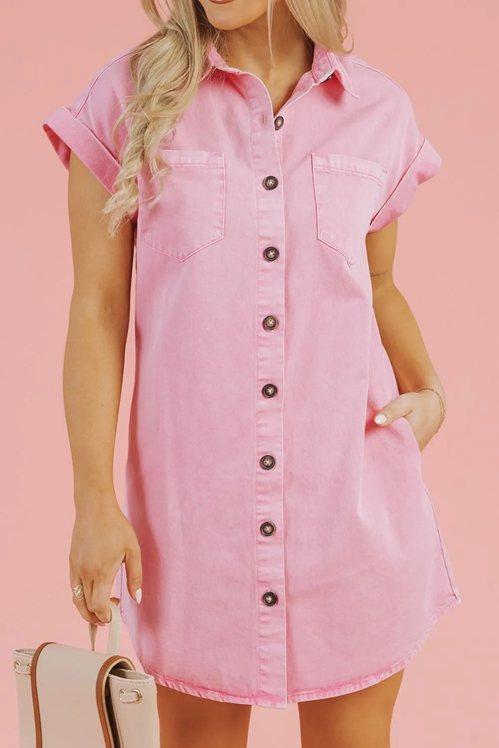 Button Down Short Sleeve Denim Dress
