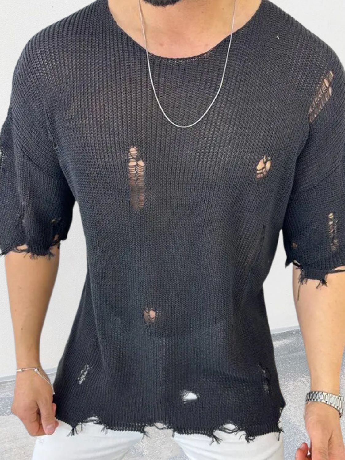 Men's Distressed Round Neck Knit Top