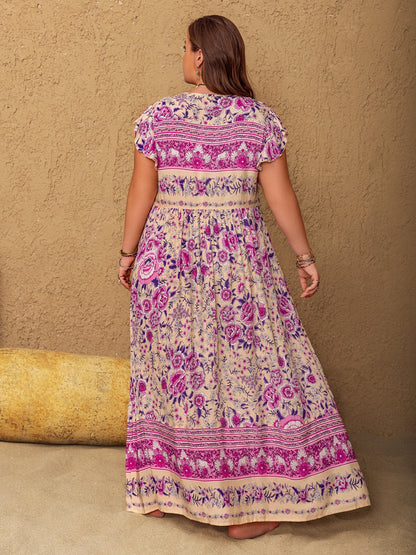 Plus Size Printed V-Neck Cap Sleeve Maxi Dress