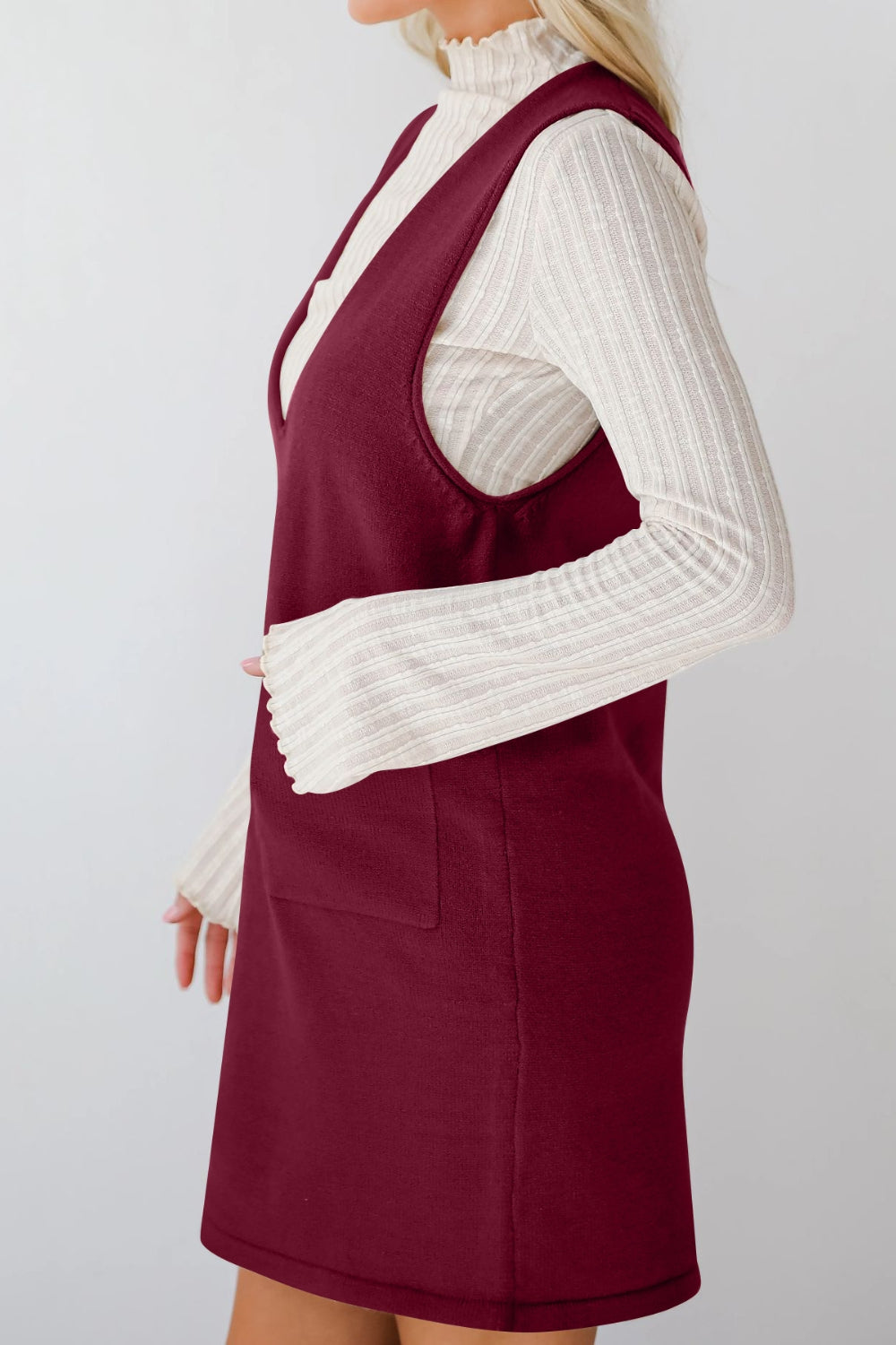 Lovelet Pocketed V-Neck Mini Sweater Overall Dress