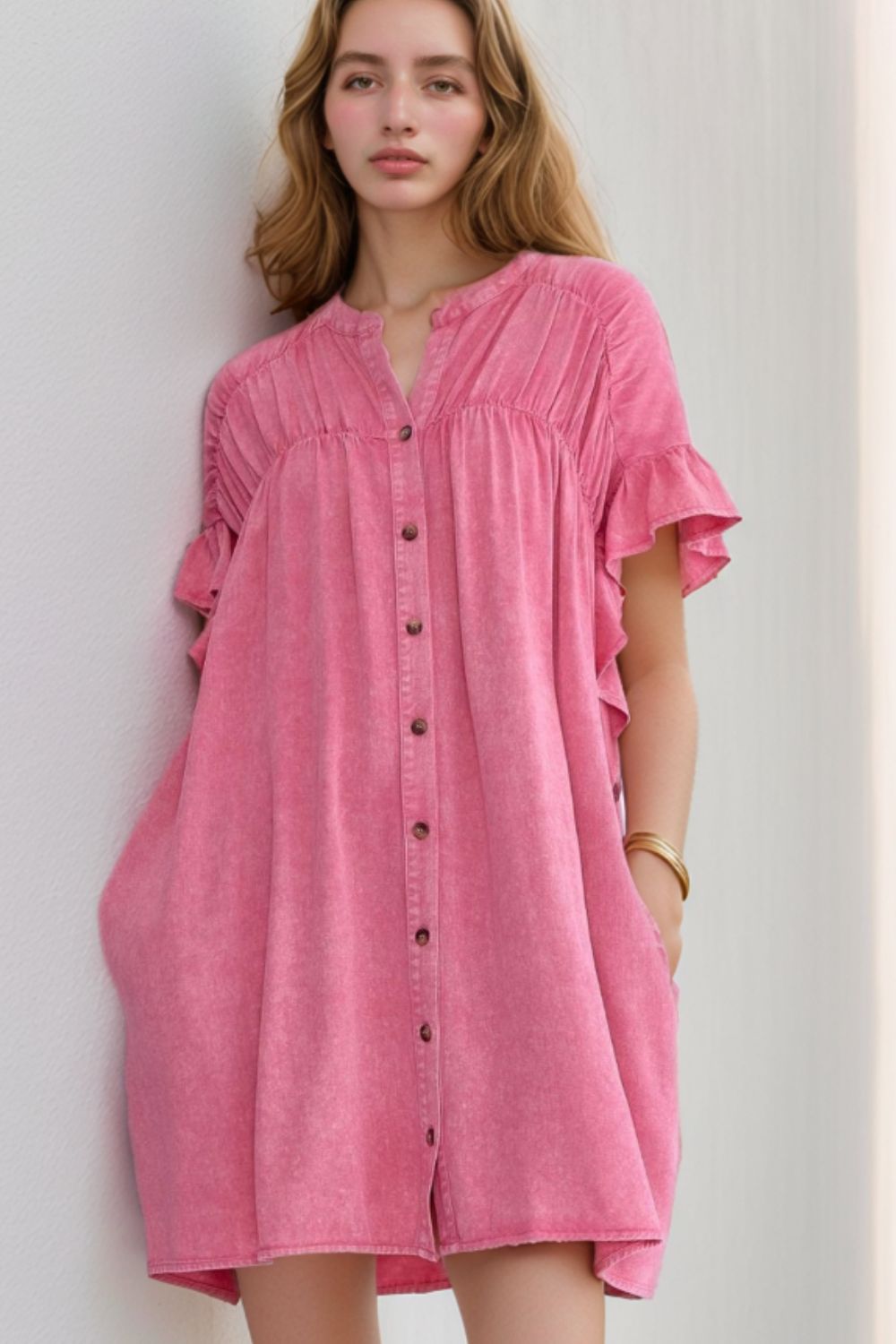 Ruffled Short Sleeve Buttoned Denim Mini Dress