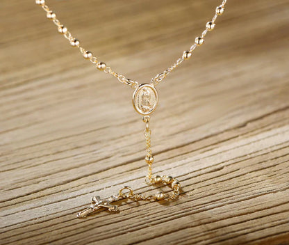 RMZ GOLD NYC 14K Gold Virgin Mary Rosary Bead Cross Necklace 18''