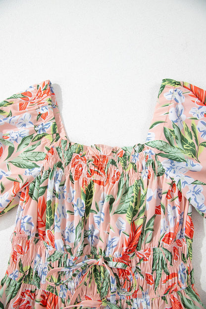 Floral Smocked Square Neck Puff Short Sleeve Midi Dress