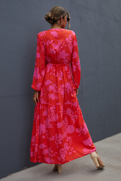 Floral Drawstring Waist Long Sleeve Dress