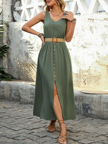Perfee Decorative Button Slit Sleeveless Midi Dress