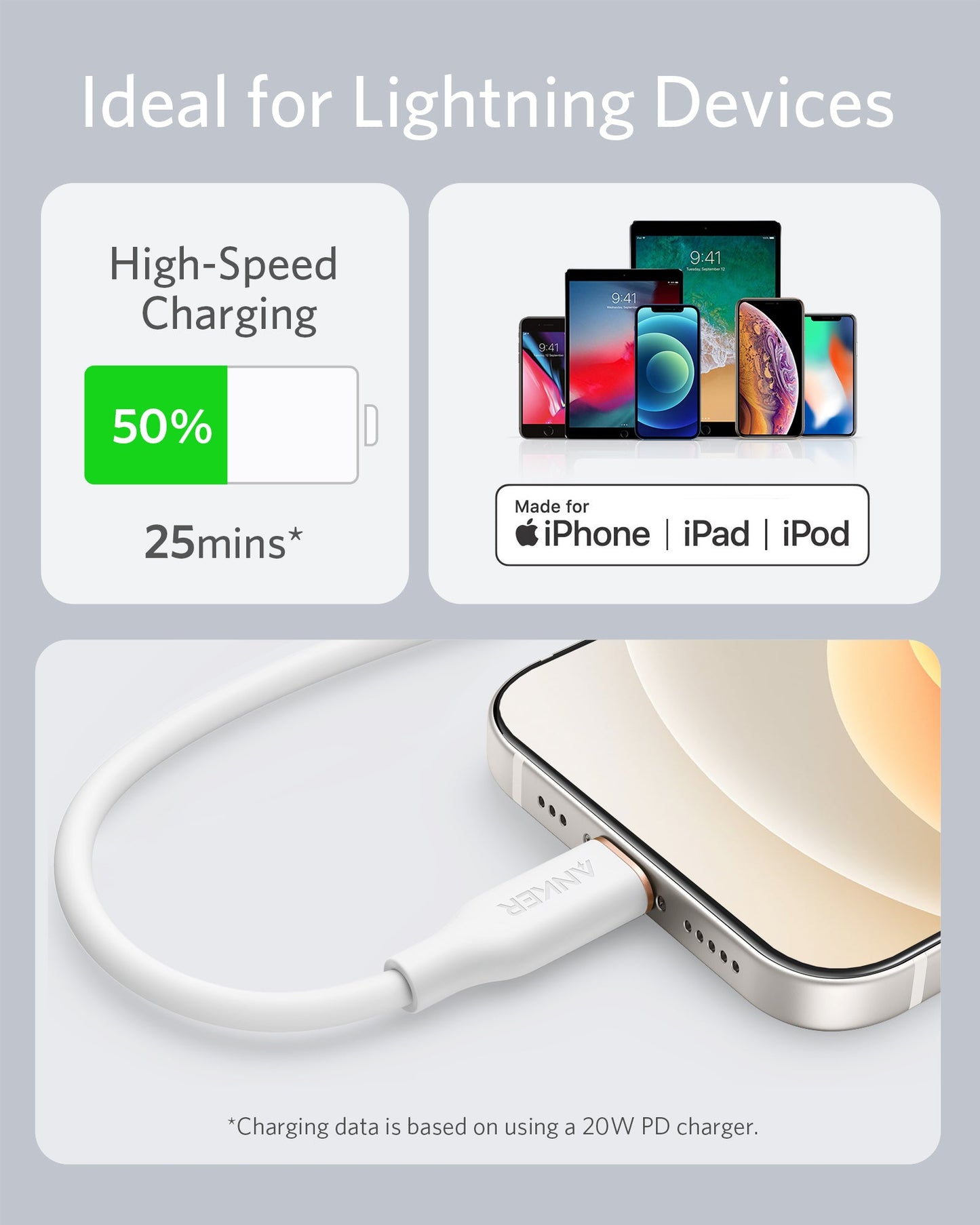 Anker <b>641</b> USB-C to Lightning Cable (Flow, 3 ft Silicone)