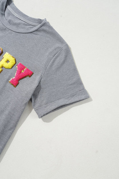 HOPPY Chenille Patch Round Neck Short Sleeve T-Shirt