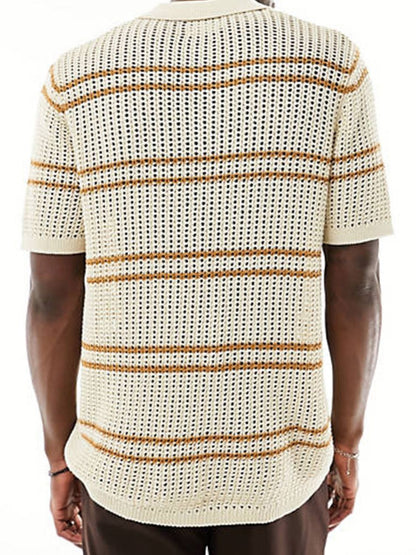 Men's Striped Collared Neck Hollow Out Shirt