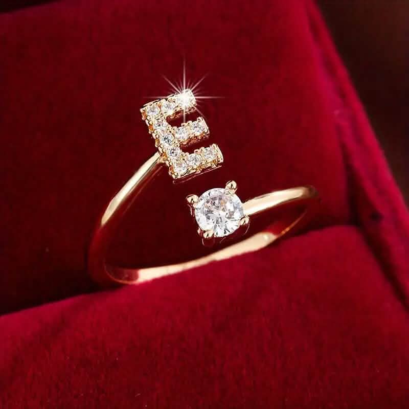 Adjustable Copper Initial Ring with Four-Claw Round Zirconia