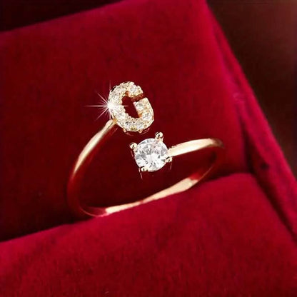 Adjustable Copper Initial Ring with Four-Claw Round Zirconia