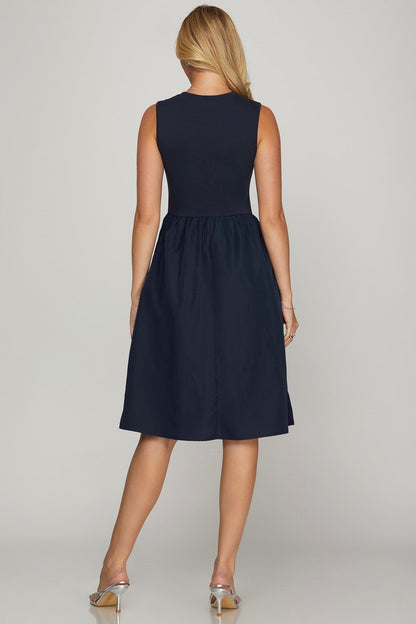 She + Sky Full Size Sleeveless Poplin Woven Midi Dress with Pockets Plus Size