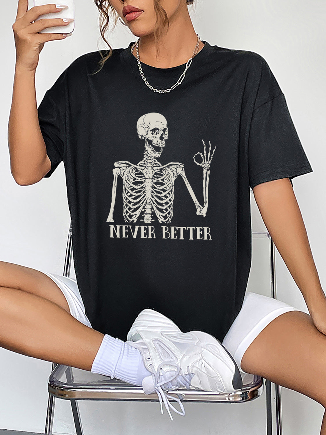 Round Neck Short Sleeve Never Better Graphic T-Shirt