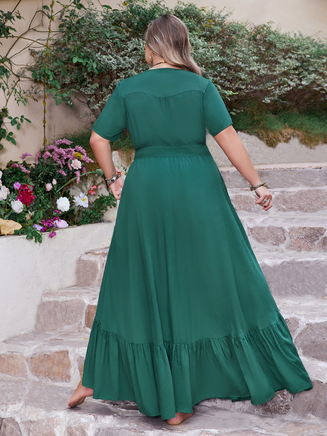 Plus Size Button Detail V-Neck Short Sleeve Maxi Dress