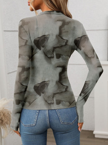 Printed Mock Neck Long Sleeve Mesh T-Shirt