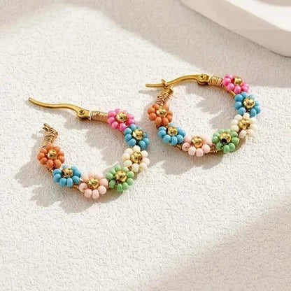 Bohemian Style Stainless Steel Beaded Flower Decor Hoop Earrings