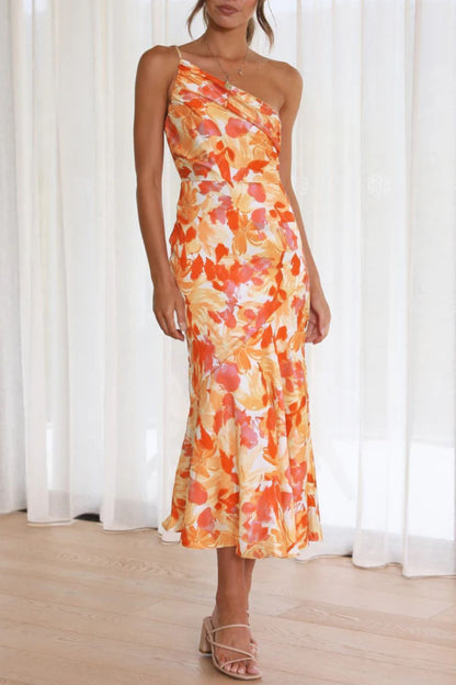 Ruched Printed Single Shoulder Midi Dress