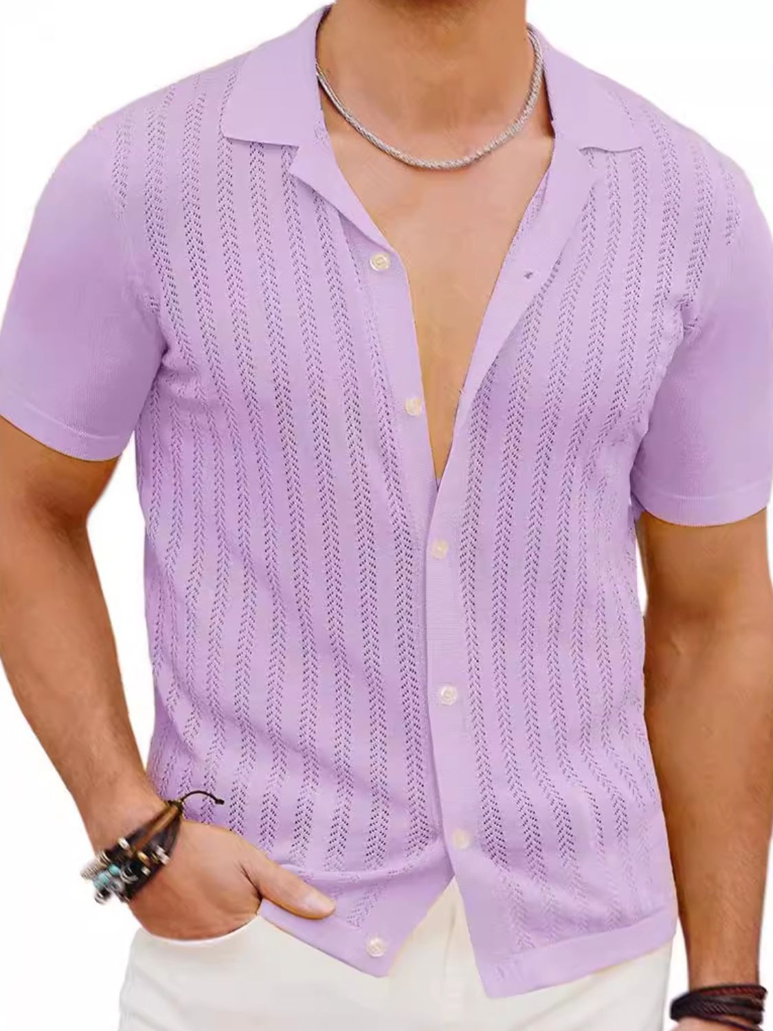 Men's Full Size Openwork Button Down Short Sleeve Shirt Plus Size