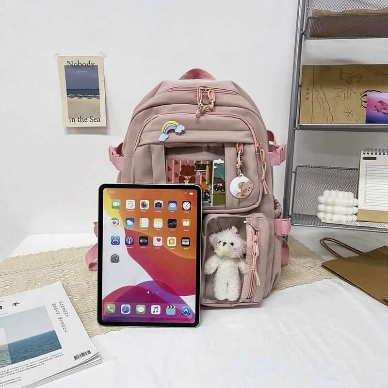 Cute Waterproof Multi-Pocket Women Backpacks with Bear Doll