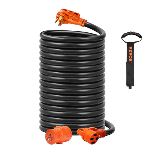 50 ft RV Extension Cord, 50 Amp, Heavy Duty STW RV Power Cord, NEMA 14-50R Female NEMA 14-50P Male Plug, with LED Indicator Handle 15A Adapter, for RVs, trams, generators, campers, ETL Listed