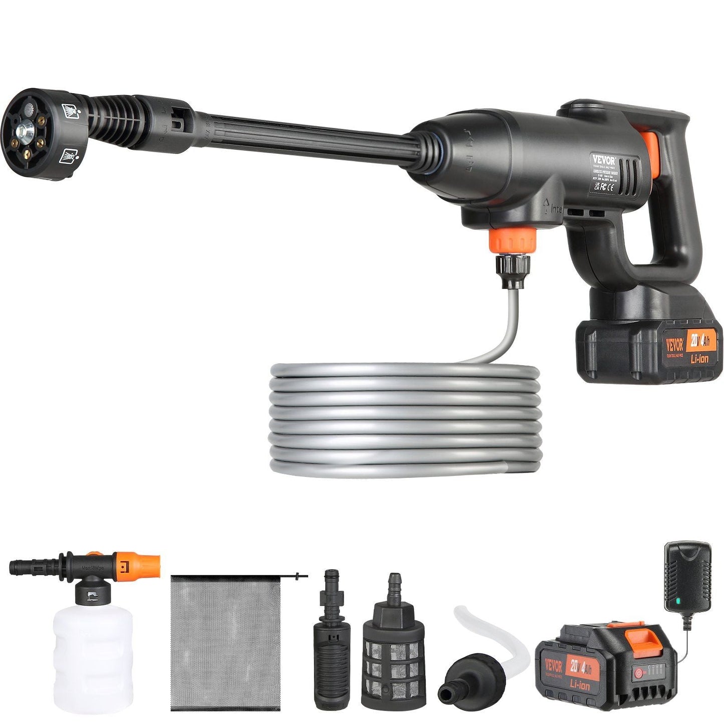 Cordless Pressure Washer, 580-PSI 1.1 GPM Portable Power Cleaner, Handheld High-Pressure Car Washer Gun with 4.0Ah Battery, Charger, 6-in-1 Nozzle, for Home/Floor Cleaning & Watering