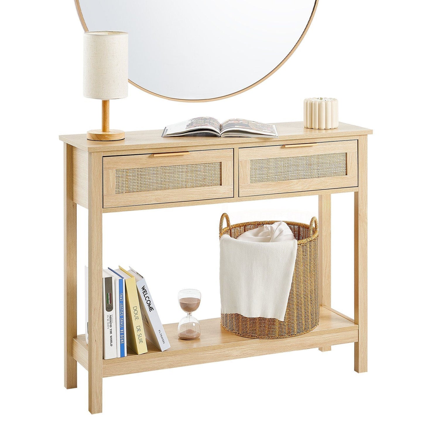 Rattan Console Table with 2 Storage Drawers Rattan Sliding Door Natural