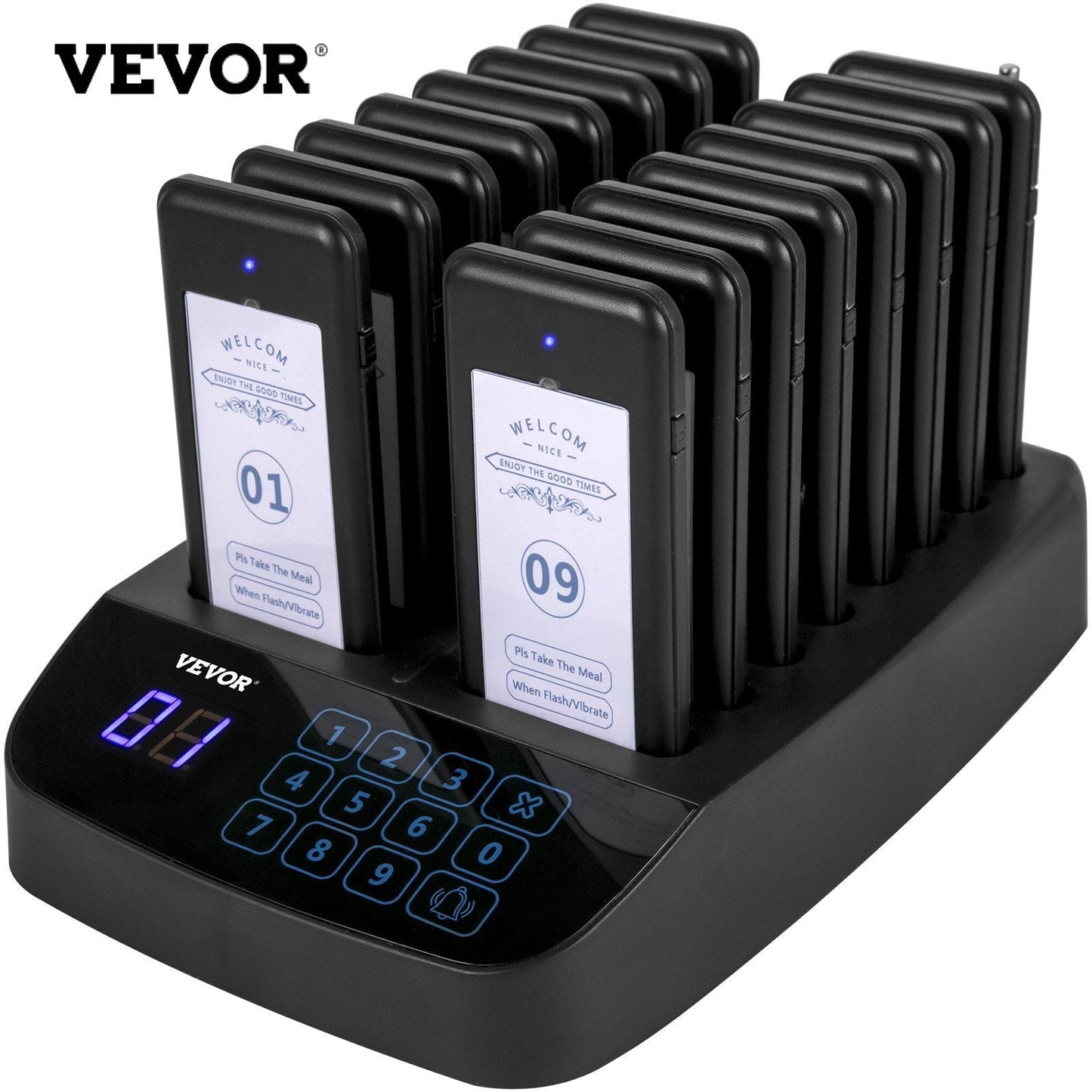 F101 Restaurant Pager System 16 Pagers, Max 98 Beepers Wireless Calling System, Touch Keyboard with Vibration, Flashing and Buzzer for Church, Nurse,Hospital & Hotel