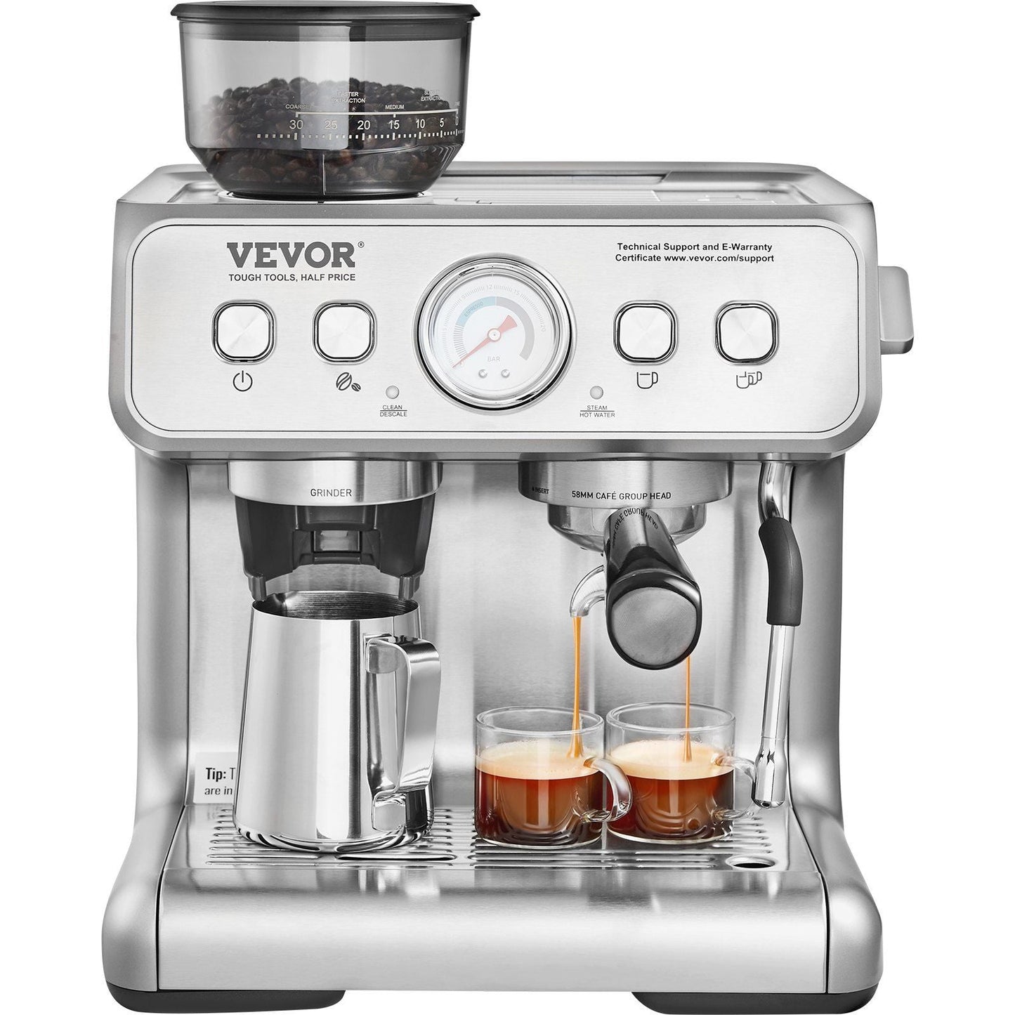 Espresso Machine with Grinder, 15 Bar Semi-Automatic Espresso Coffee Maker with Milk Frother Steam Wand, Removable Water Tank & Pressure Gauge for Cappuccino, Latte, Machiato, PID Control System