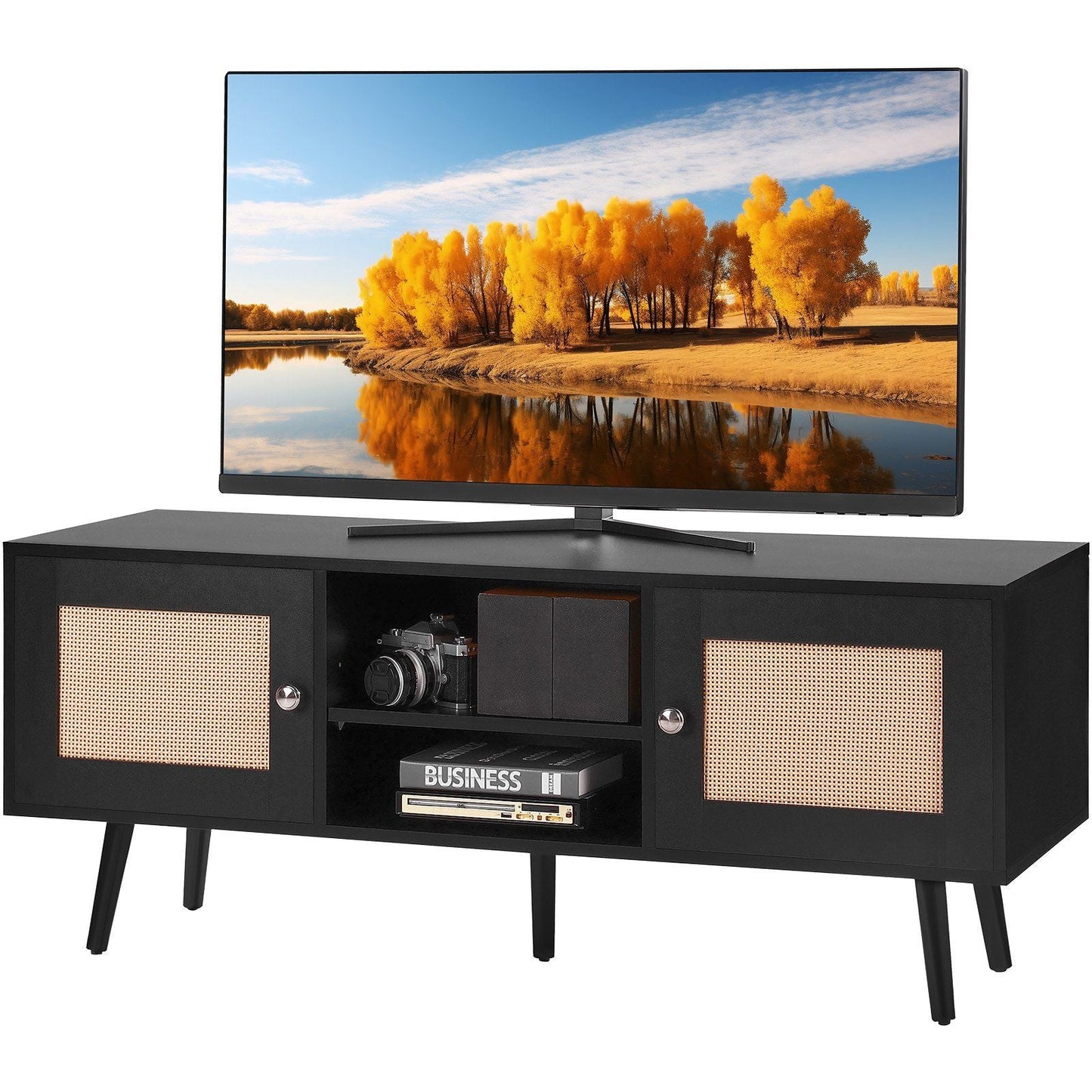 Rattan TV Stand, Boho TV Cabinet for 55 inch TV, Mid Century Modern TV Stand, Rattan TV Console with Adjustable Shelfs for Living Room, Media Room, Black