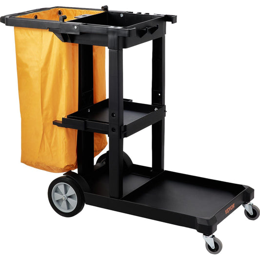 Cleaning Cart, 3-Shelf Commercial Janitorial Cart, 200 lbs Capacity Plastic Housekeeping Cart, with 25 Gallon PVC Bag, 47 x 20 x 38.6in, Yellow&Black