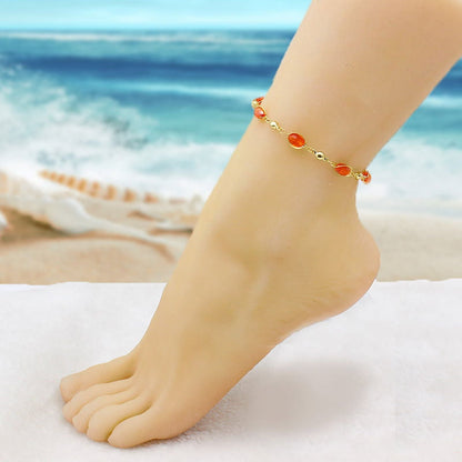 RMZ GOLD NYC 18K Gold High Polish Finish Oval Crystal Ankle Bracelet – Luxurious & Elegant Foot Jewelry