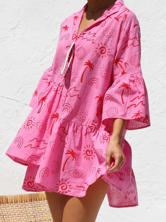 Button Detail Ruffled Hem Printed Mini Dress